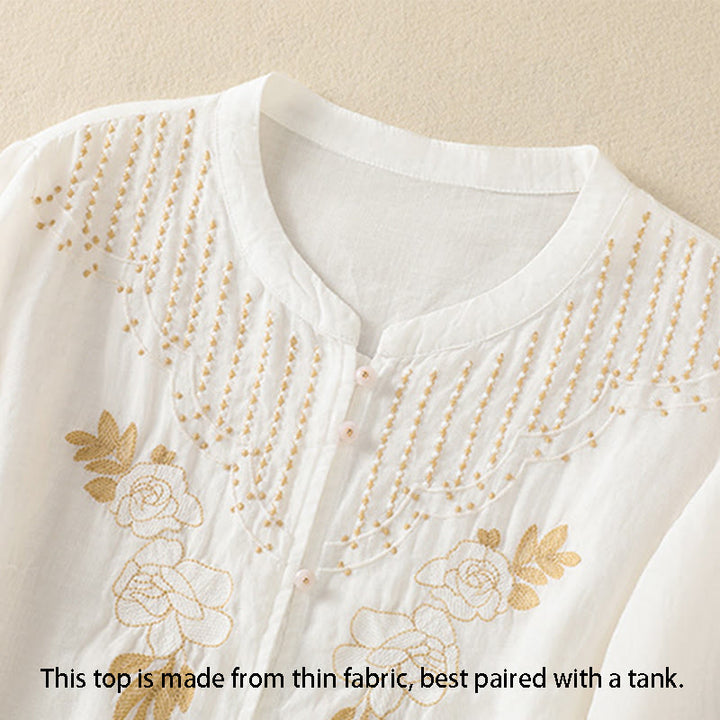 Buddha Stones Rose Floral Embroidery Button Half Sleeve Women's Cotton Shirt - image 35