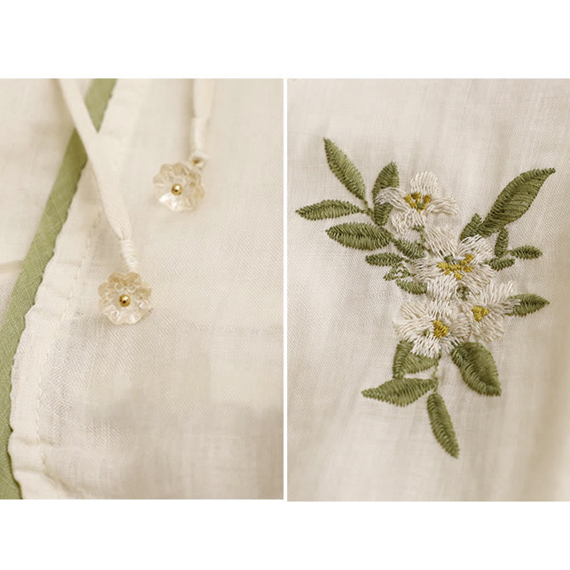 Buddha Stones Beige Floral Green Leaf Embroidery Crew Neck Three Quarter Sleeve Women's Cotton Shirt - image 10