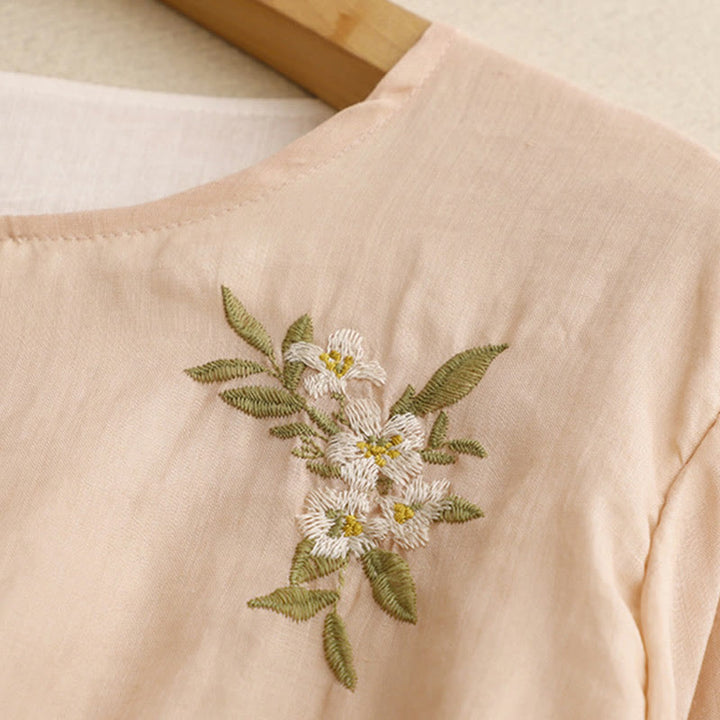 Buddha Stones Beige Floral Green Leaf Embroidery Crew Neck Three Quarter Sleeve Women's Shirt - image 16