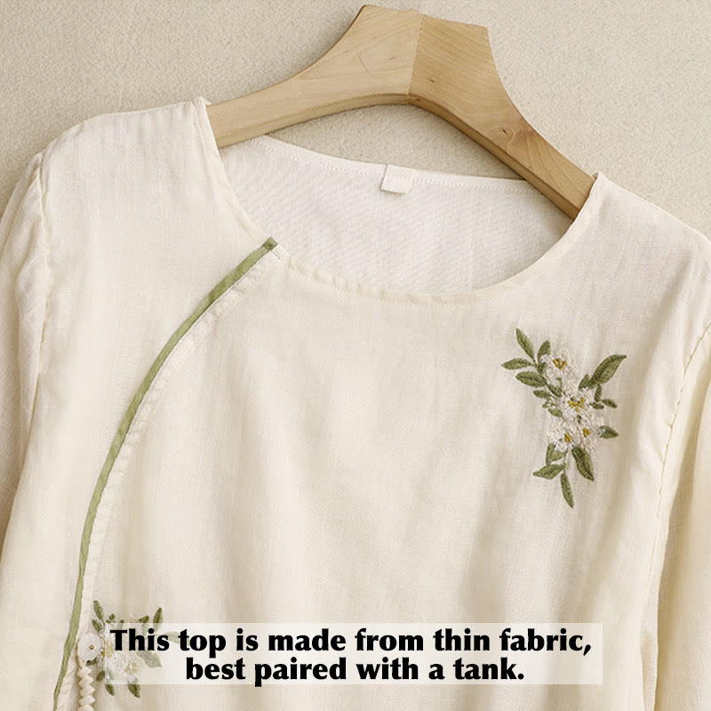Buddha Stones Beige Floral Green Leaf Embroidery Crew Neck Three Quarter Sleeve Women's Cotton Shirt - image 2