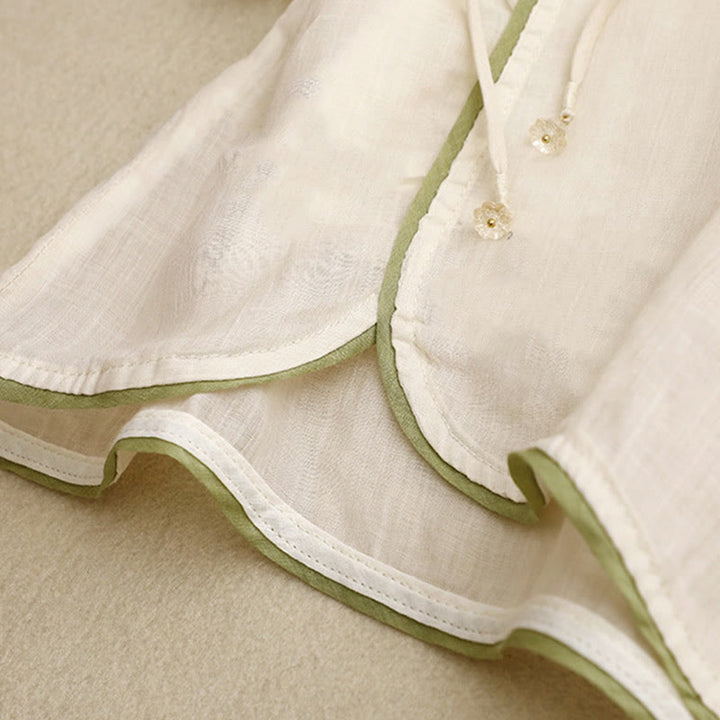 Buddha Stones Beige Floral Green Leaf Embroidery Crew Neck Three Quarter Sleeve Women's Cotton Shirt - image 9