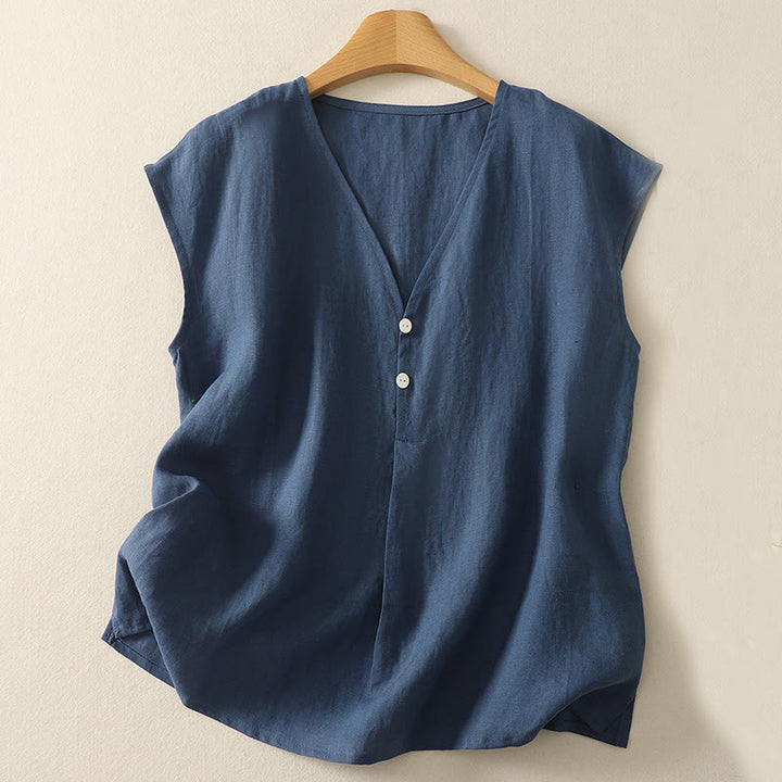 Buddha Stones Retro V-Neck Button Design Women's Cotton Sleeveless Vest - SteelBlue - US8-10，UK/AU12-14，EU40-42 (2XL) - image 0