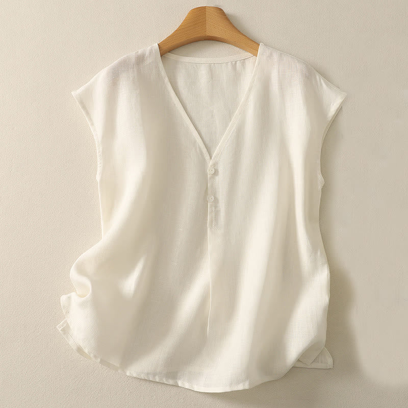 Buddha Stones Retro V-Neck Button Design Women's Cotton Sleeveless Vest - Linen - US8-10，UK/AU12-14，EU40-42 (2XL) - image 6