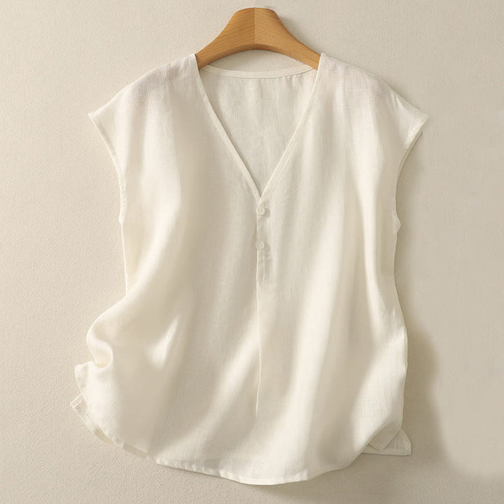 Buddha Stones Retro V-Neck Button Design Women's Cotton Sleeveless Vest - Linen - US8-10，UK/AU12-14，EU40-42 (2XL) - image 6