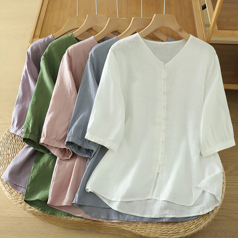 Buddha Stones Solid Buttons V-Neck Half Sleeve Women's Shirt - image 1