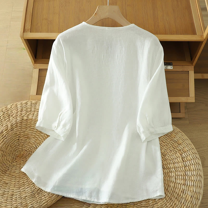 Buddha Stones Solid Buttons V-Neck Half Sleeve Women's Shirt - image 7