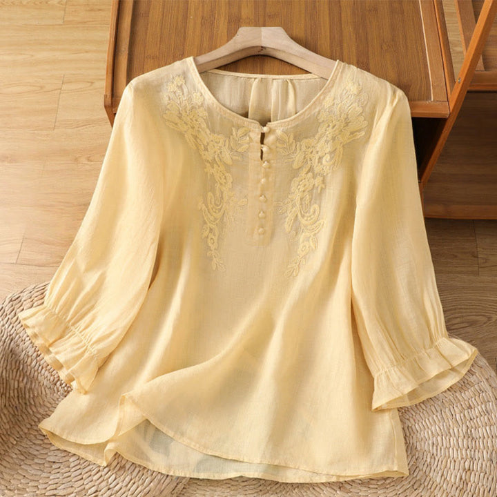 Buddha Stones Flower Vines Embroidery Button Crew Neck Three Quarter Sleeve Women's Cotton Shirt - Khaki - US12，UK/AU16，EU44 (2XL) - image 0