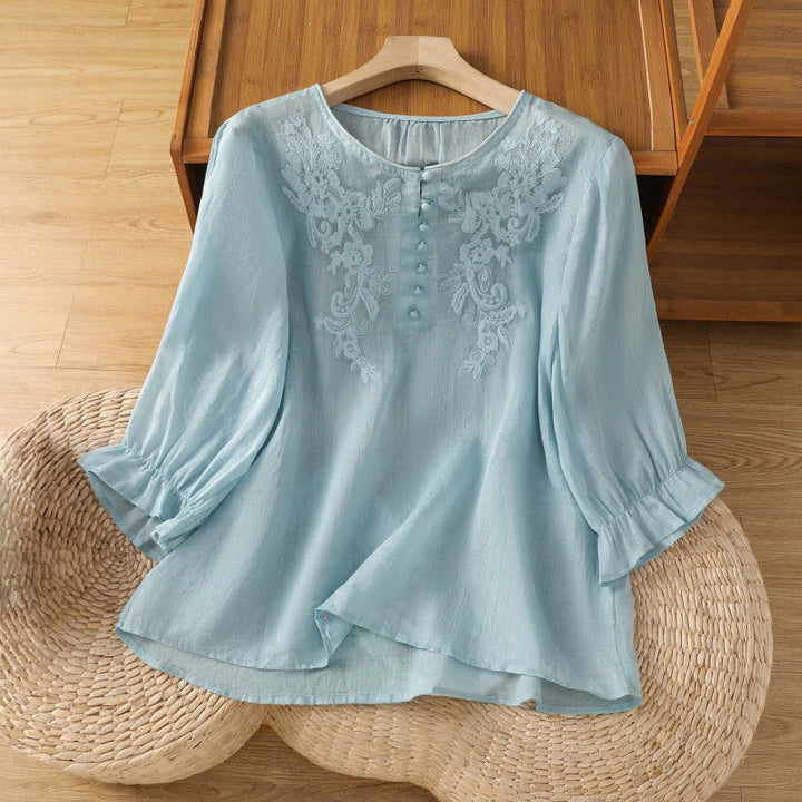 Buddha Stones Flower Vines Embroidery Button Crew Neck Three Quarter Sleeve Women's Cotton Shirt - LightBlue - US12，UK/AU16，EU44 (2XL) - image 25