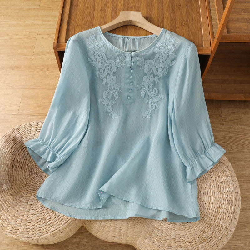 Buddha Stones Flower Vines Embroidery Button Crew Neck Three Quarter Sleeve Women's Shirt - LightBlue - US12，UK/AU16，EU44 (2XL) - image 25