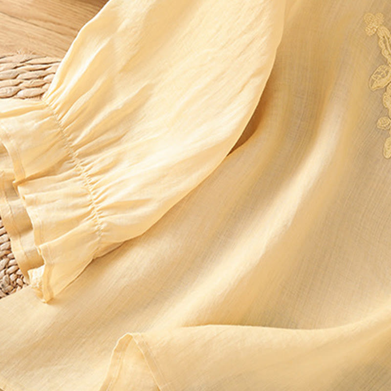 Buddha Stones Flower Vines Embroidery Button Crew Neck Three Quarter Sleeve Women's Cotton Shirt - image 7