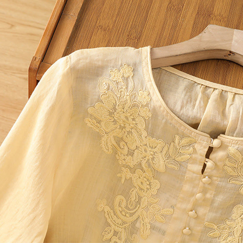 Buddha Stones Flower Vines Embroidery Button Crew Neck Three Quarter Sleeve Women's Cotton Shirt - image 6