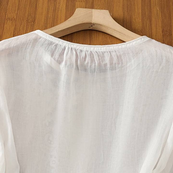 Buddha Stones Flower Vines Embroidery Button Crew Neck Three Quarter Sleeve Women's Cotton Shirt - image 12