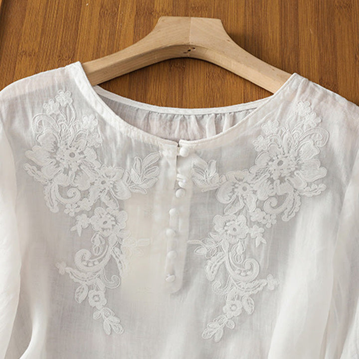 Buddha Stones Flower Vines Embroidery Button Crew Neck Three Quarter Sleeve Women's Cotton Shirt - image 11