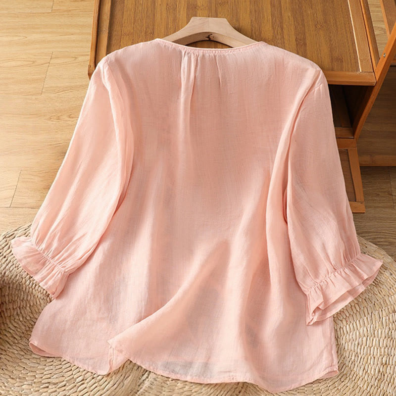 Buddha Stones Flower Vines Embroidery Button Crew Neck Three Quarter Sleeve Women's Cotton Shirt - image 18