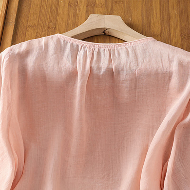 Buddha Stones Flower Vines Embroidery Button Crew Neck Three Quarter Sleeve Women's Cotton Shirt - image 20