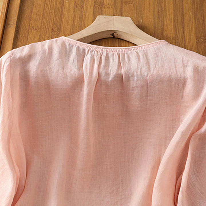 Buddha Stones Flower Vines Embroidery Button Crew Neck Three Quarter Sleeve Women's Cotton Shirt - image 20