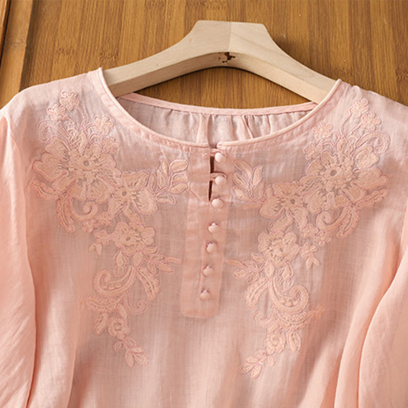 Buddha Stones Flower Vines Embroidery Button Crew Neck Three Quarter Sleeve Women's Cotton Shirt - image 19