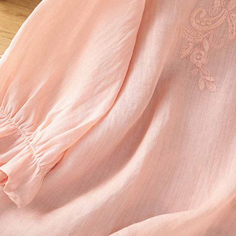 Buddha Stones Flower Vines Embroidery Button Crew Neck Three Quarter Sleeve Women's Cotton Shirt - image 22