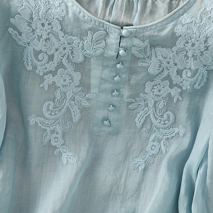 Buddha Stones Flower Vines Embroidery Button Crew Neck Three Quarter Sleeve Women's Cotton Shirt - image 30