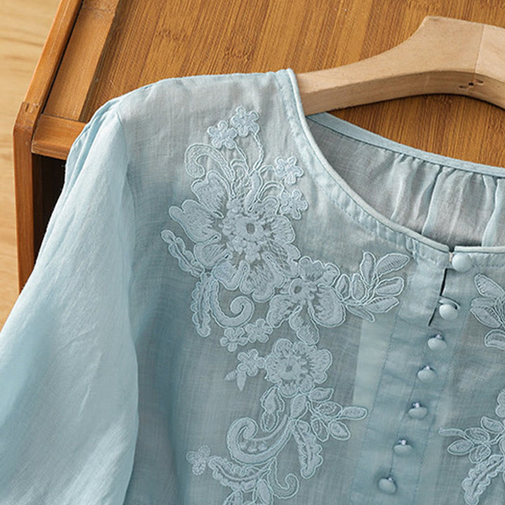 Buddha Stones Flower Vines Embroidery Button Crew Neck Three Quarter Sleeve Women's Cotton Shirt - image 29