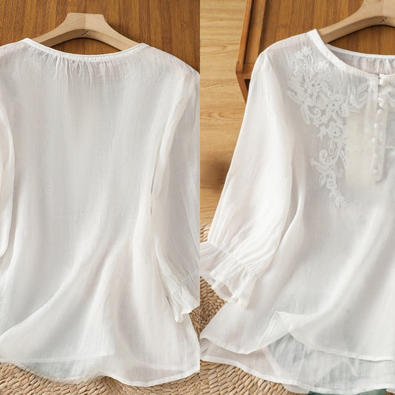 Buddha Stones Flower Vines Embroidery Button Crew Neck Three Quarter Sleeve Women's Cotton Shirt - image 16