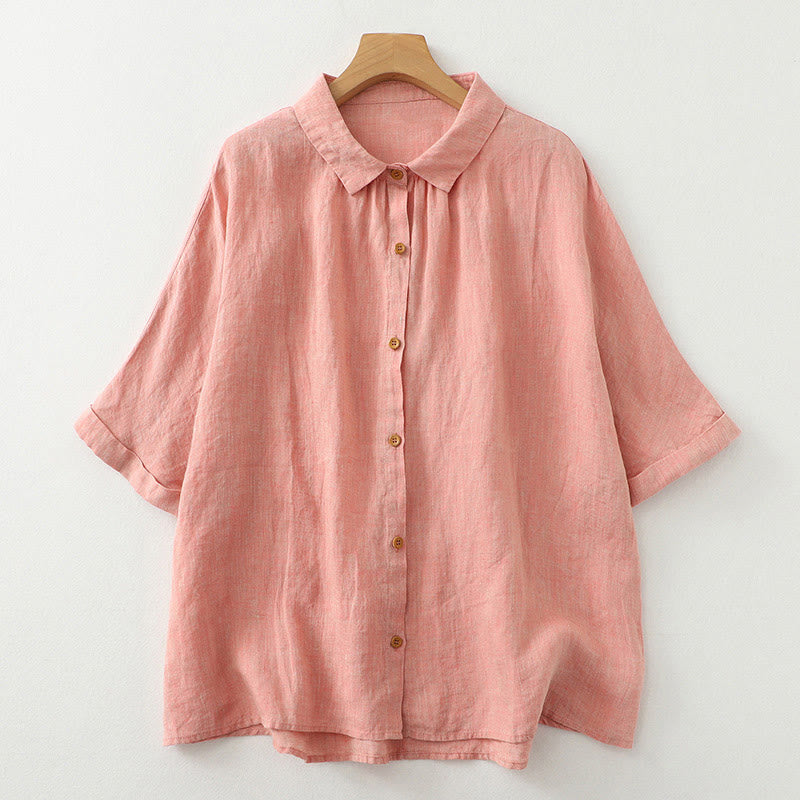 Buddha Stones Casual Plain Buttons Women's Half Sleeve Shirt - Salmon - US12，UK/AU16，EU44 (2XL) - image 8