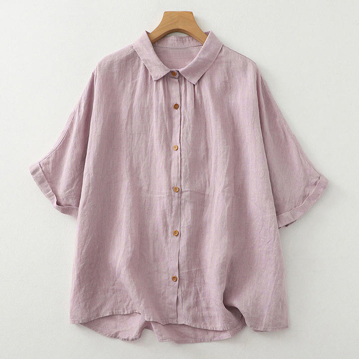 Buddha Stones Casual Plain Buttons Women's Cotton Linen Half Sleeve Shirt - Thistle - US12，UK/AU16，EU44 (2XL) - image 1