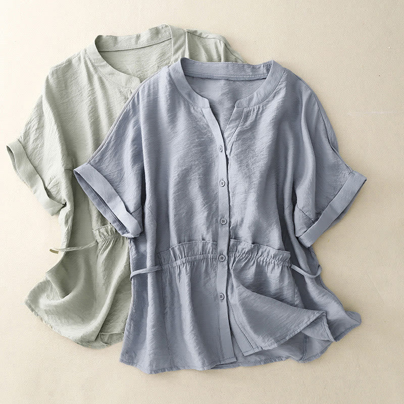 Buddha Stones Summer Button Lace-up Short Sleeve Women's Cotton Shirt - image 9