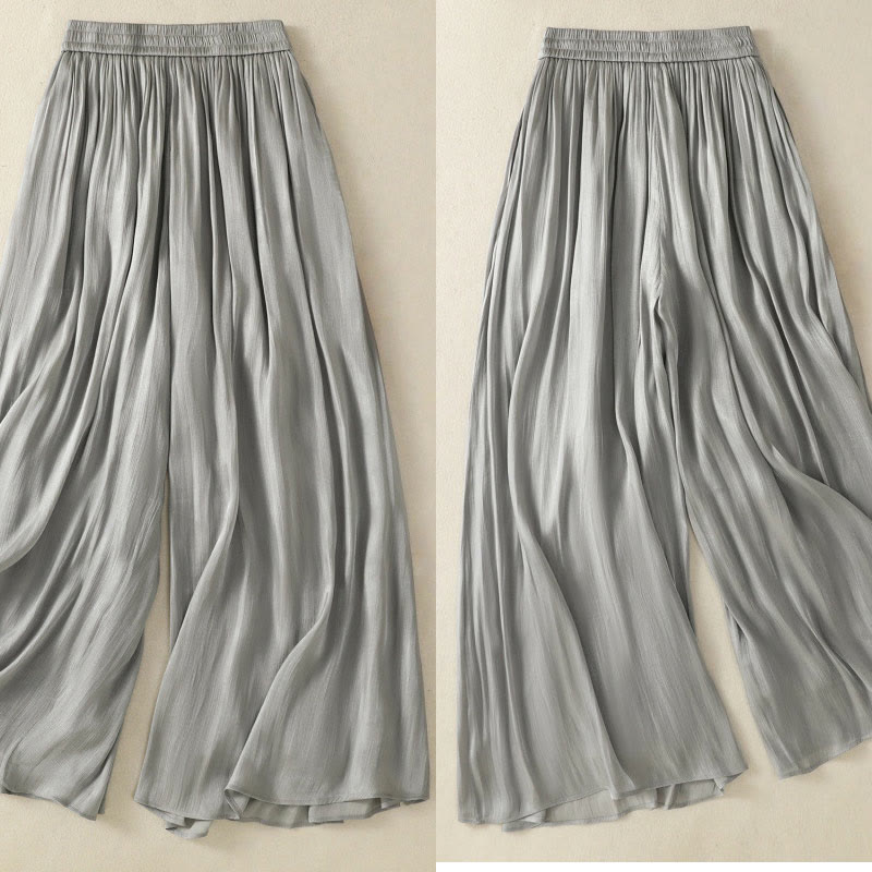 Buddha Stones Light Gray Pleated Design Elastic Waist Women's Wide Leg Pants With Pockets - image 3