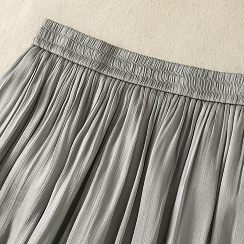 Buddha Stones Light Gray Pleated Design Elastic Waist Women's Wide Leg Pants With Pockets - image 6