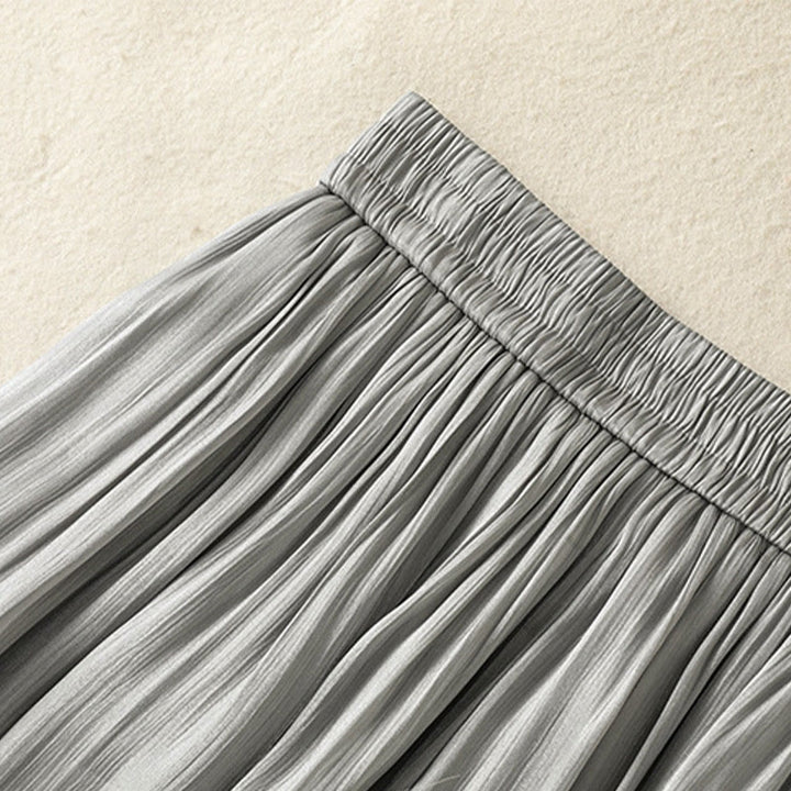 Buddha Stones Light Gray Pleated Design Elastic Waist Women's Wide Leg Pants With Pockets - image 8