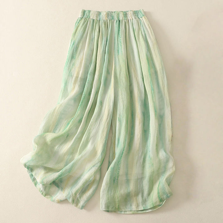 Buddha Stones 7-8 Length Elastic Waist Women's Wide Leg Cotton Linen Pants With Pockets - LightGreen - US8-10，UK/AU12-14，EU40-42 (2XL) - image 0