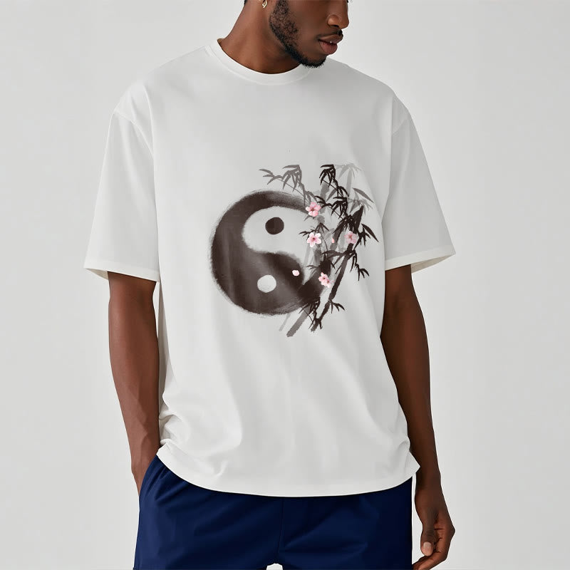 Buddha Stones Yin Yang Bamboo Cherry Blossom Pattern Tee T-shirt - image 1