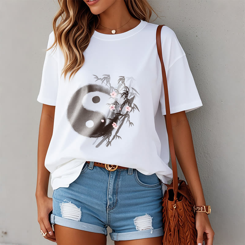Buddha Stones Yin Yang Bamboo Cherry Blossom Pattern Tee T-shirt - image 2