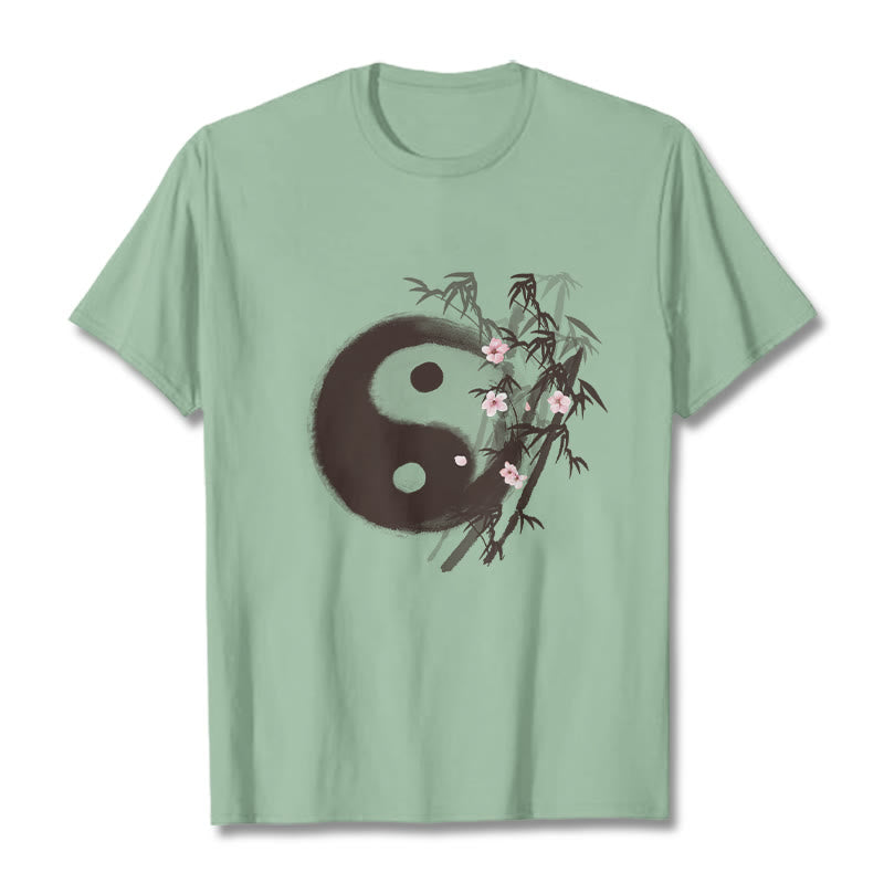 Buddha Stones Yin Yang Bamboo Cherry Blossom Pattern Tee T-shirt - PaleGreen - 2XL - image 13