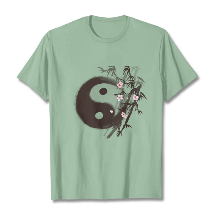 Buddha Stones Yin Yang Bamboo Cherry Blossom Pattern Tee T-shirt - PaleGreen - 2XL - image 13