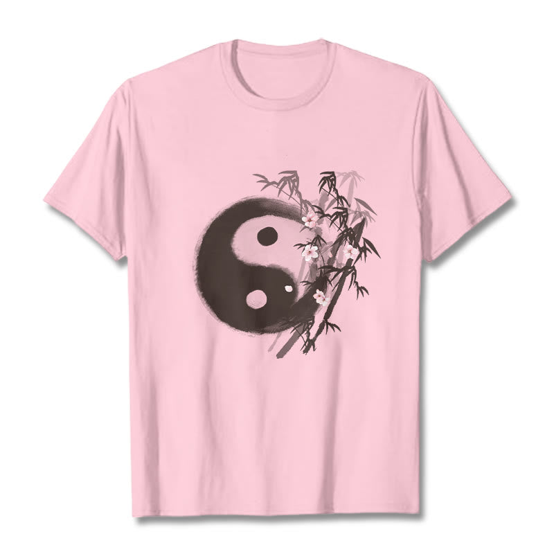 Buddha Stones Yin Yang Bamboo Cherry Blossom Pattern Tee T-shirt - LightPink - 2XL - image 11