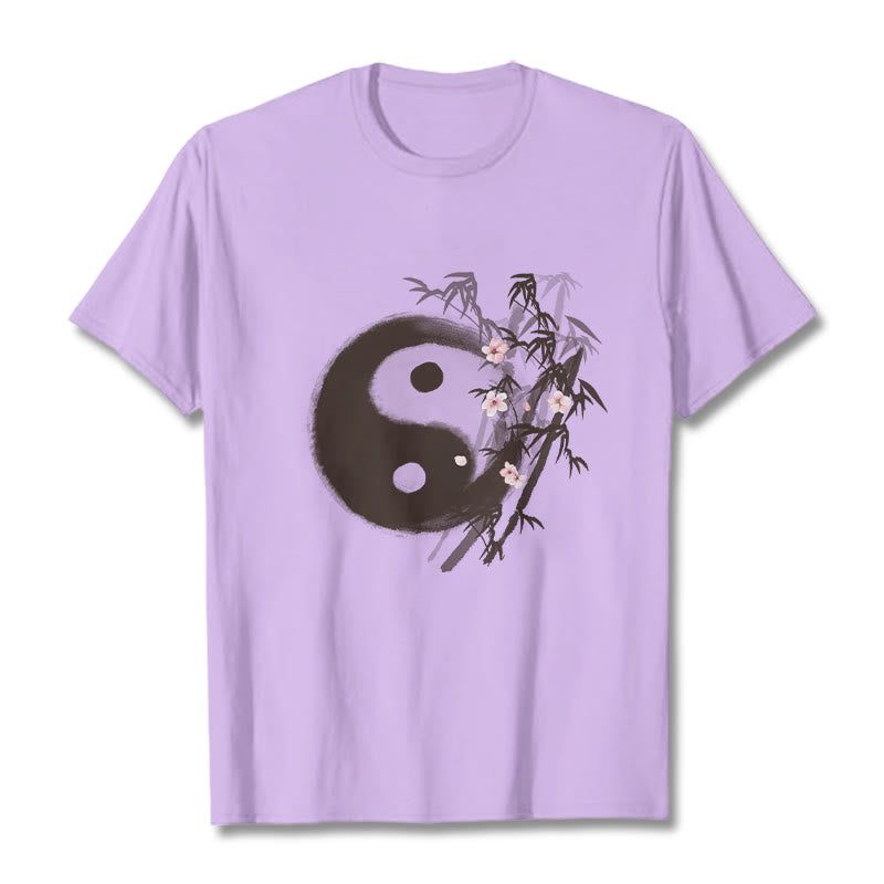 Buddha Stones Yin Yang Bamboo Cherry Blossom Pattern Tee T-shirt - Plum - 2XL - image 15