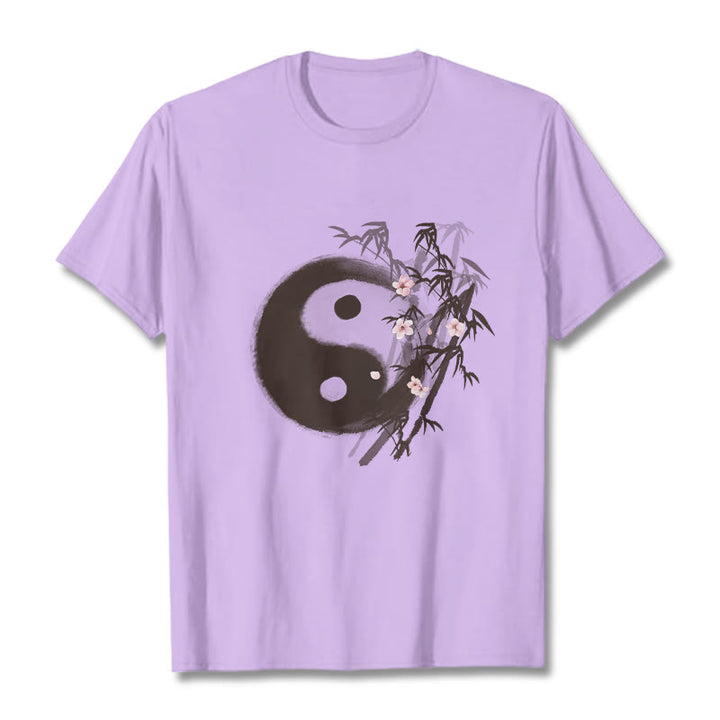 Buddha Stones Yin Yang Bamboo Cherry Blossom Pattern Tee T-shirt - Plum - 2XL - image 15
