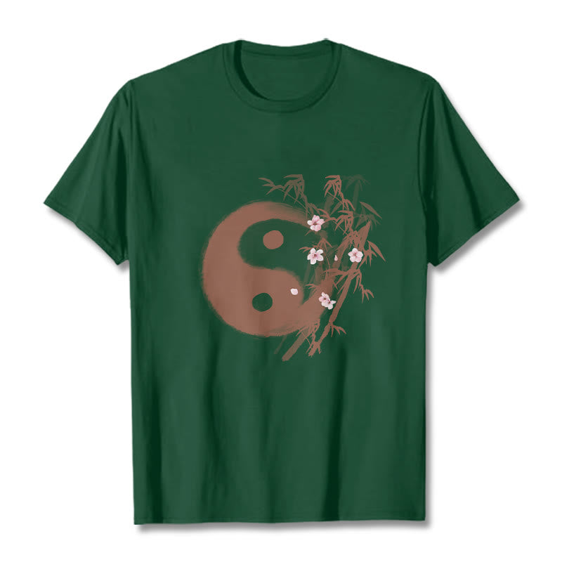 Buddha Stones Yin Yang Bamboo Cherry Blossom Pattern Tee T-shirt - ForestGreen - 2XL - image 9