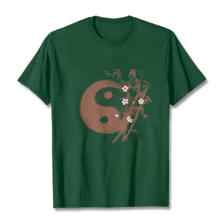 Buddha Stones Yin Yang Bamboo Cherry Blossom Pattern Tee T-shirt - ForestGreen - 2XL - image 9