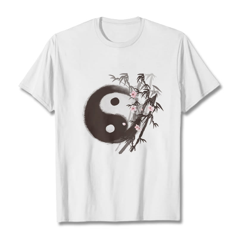 Buddha Stones Yin Yang Bamboo Cherry Blossom Pattern Tee T-shirt - White - 2XL - image 0