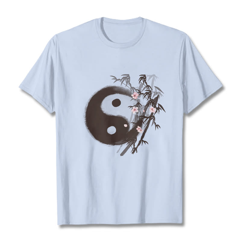 Buddha Stones Yin Yang Bamboo Cherry Blossom Pattern Tee T-shirt - LightCyan - 2XL - image 17