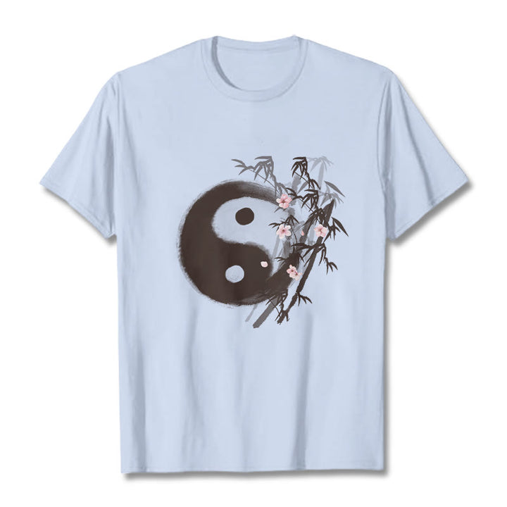 Buddha Stones Yin Yang Bamboo Cherry Blossom Pattern Tee T-shirt - LightCyan - 2XL - image 17
