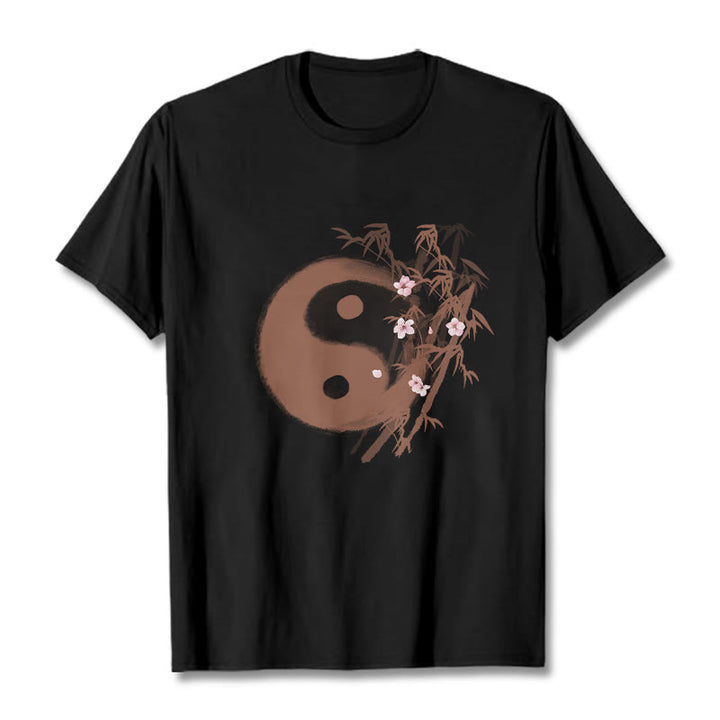 Buddha Stones Yin Yang Bamboo Cherry Blossom Pattern Tee T-shirt - Black - 2XL - image 3