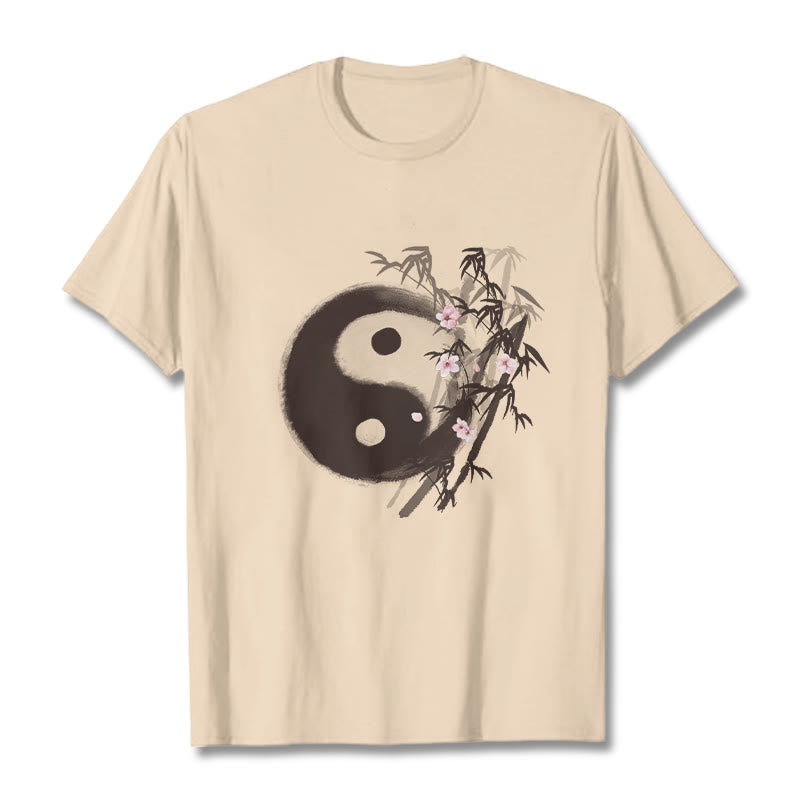 Buddha Stones Yin Yang Bamboo Cherry Blossom Pattern Tee T-shirt - Bisque - 2XL - image 7