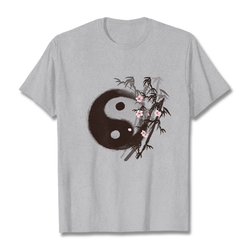 Buddha Stones Yin Yang Bamboo Cherry Blossom Pattern Tee T-shirt - LightGrey - 2XL - image 18