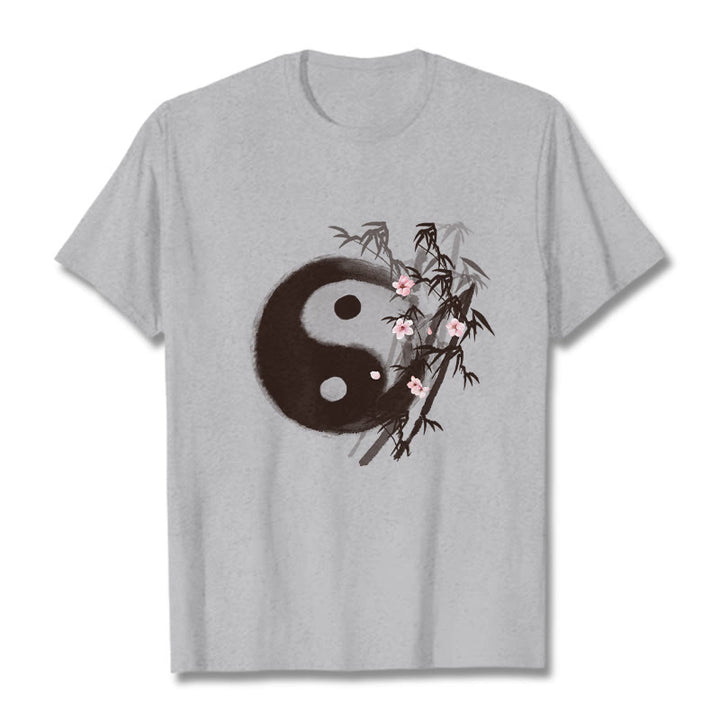 Buddha Stones Yin Yang Bamboo Cherry Blossom Pattern Tee T-shirt - LightGrey - 2XL - image 18