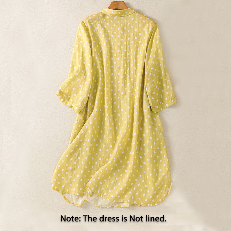 Buddha Stones Spring Polka Dot Button Stand Collar Polyester Midi Dress With Pockets - image 1