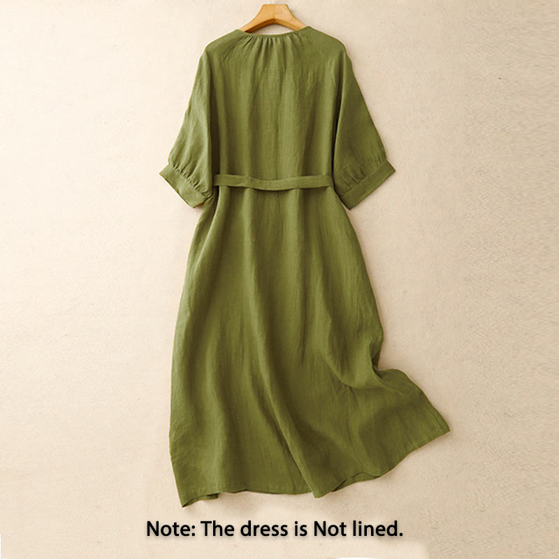 Buddha Stones Spring Plain Crew Neck Lace-up Half Sleeve Cotton Linen Midi Dress - image 1